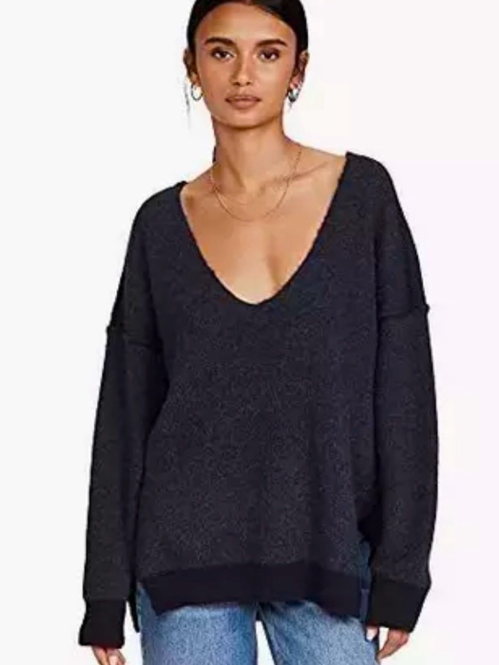 Free People Deep V-Neck Black Oversized Sweater